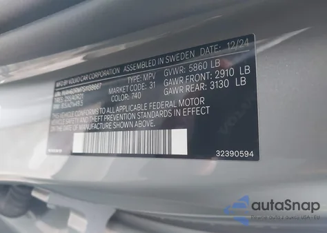 2025 Volvo Xc60 Plug-In Hybrid Ultra, T8 Awd Electric/Gasoline, Dark из США, поврежденный, VIN YV4H60RM7S1138667